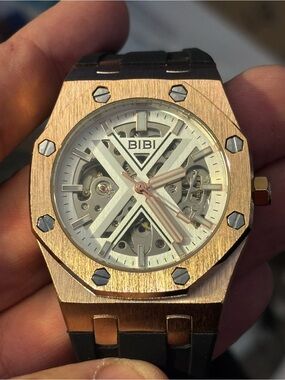 BiBi Rose Gold Case Automatic with Silver Skeleton Dial and Black Strap